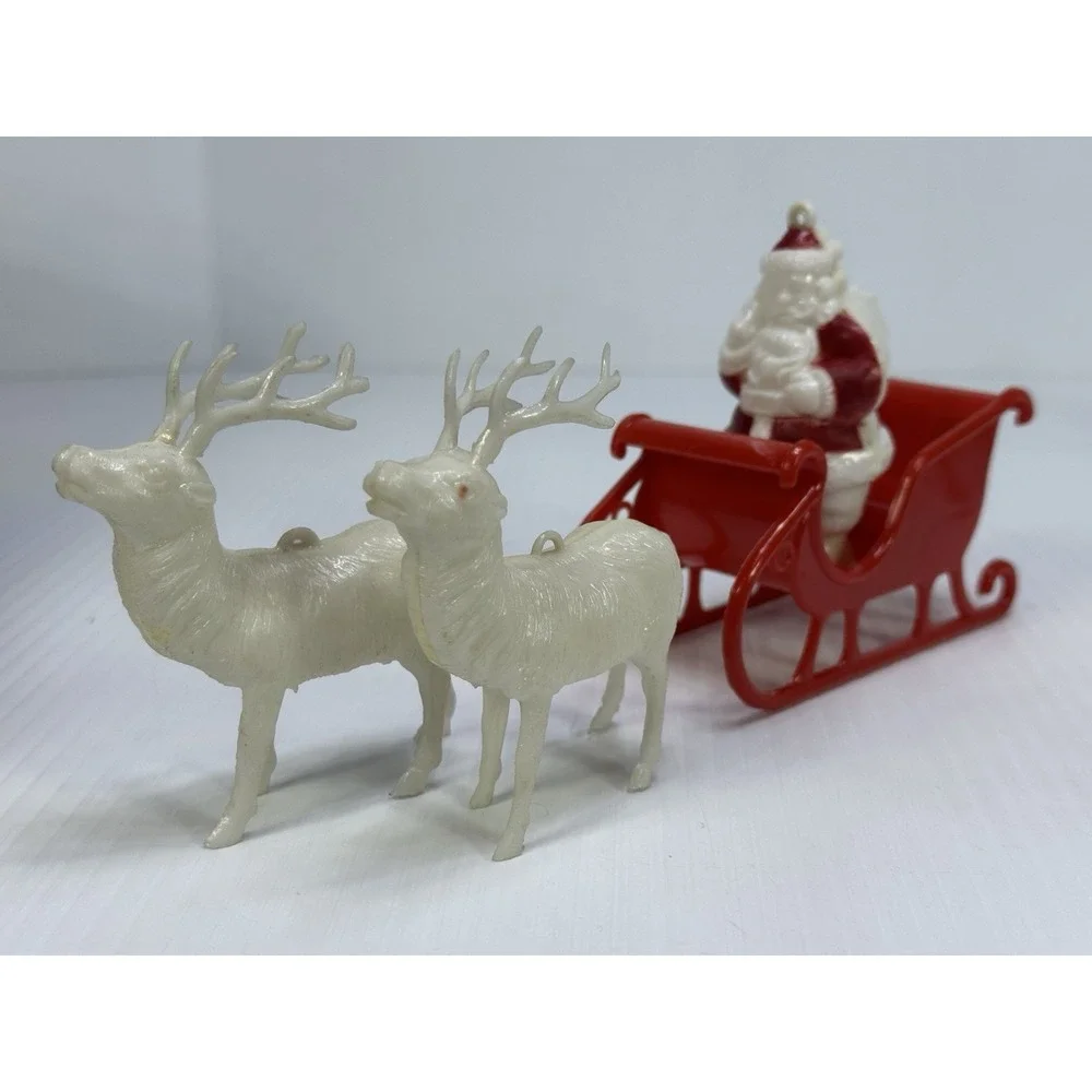 Vintage Plastic Standing Santa Claus Sleigh Pulled by Two White Reindeer